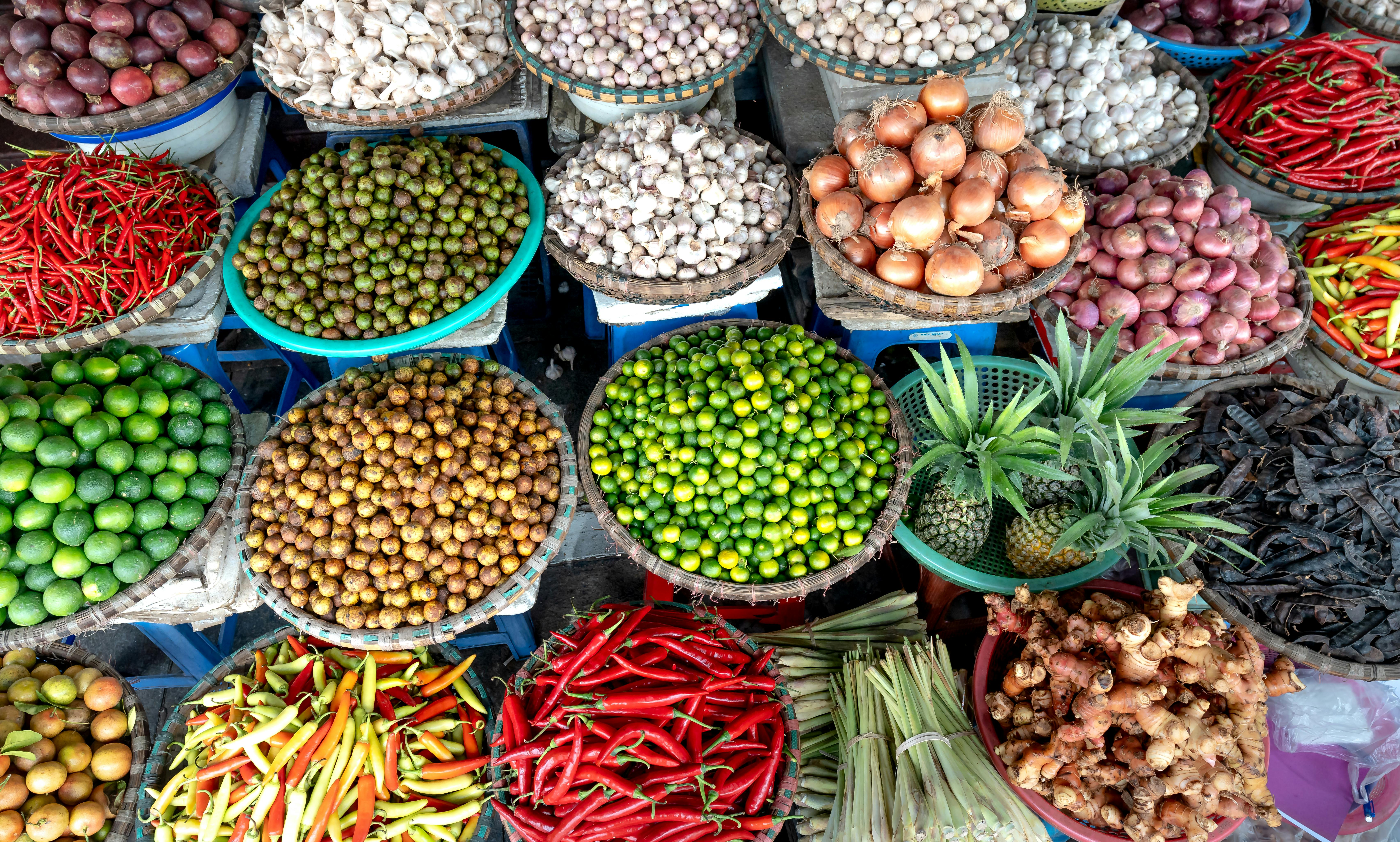 Multiple baskets of fresh farm produce